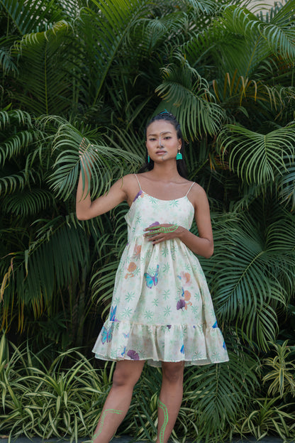 IVORY HUMMING GINGKO SPAGHETTI DRESS